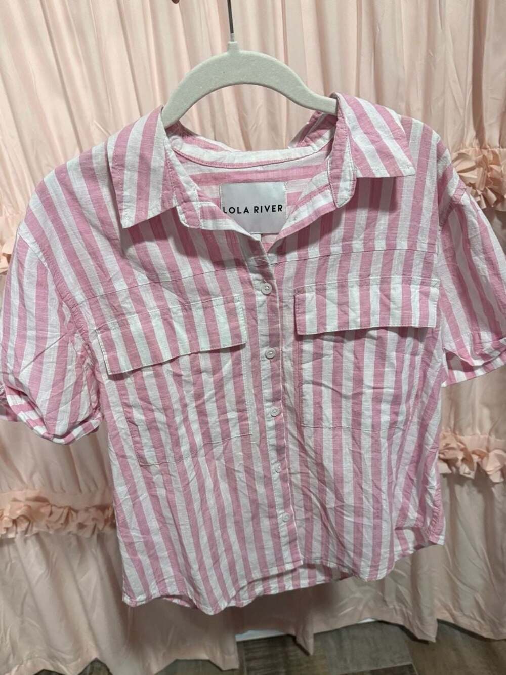 Lola River Pink and White Vertical Striped Short Sleeve Button Down Camp Shirt